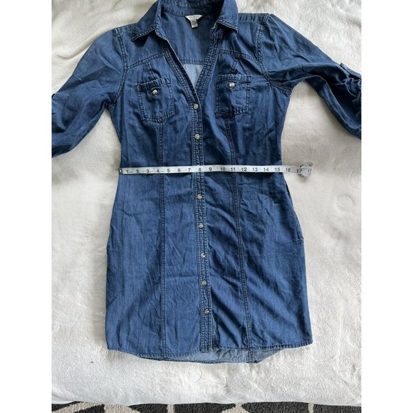 Guess Womens Button Down Roll Tab Sleeves Blue 100% Cotton Midi Dress Size Small - Picture 6 of 16